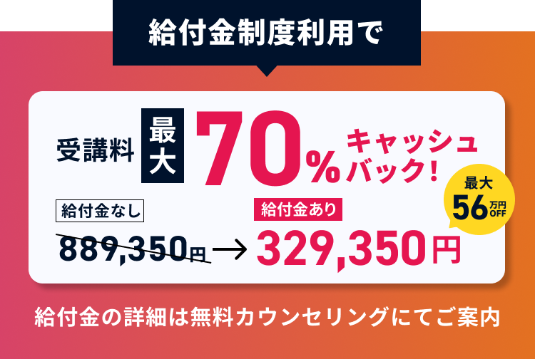給付金制度利用で受講料最大80%キャッシュバック！